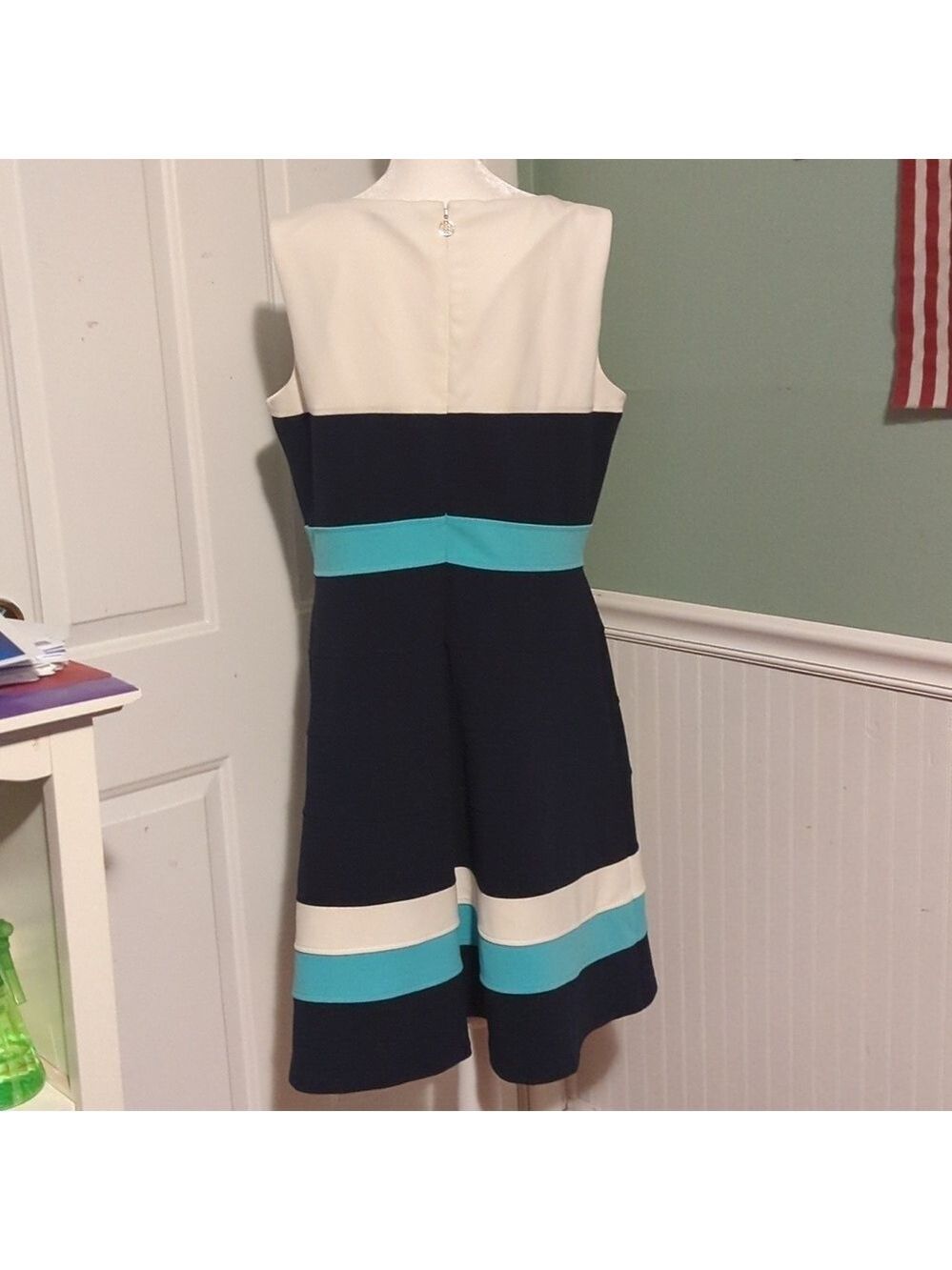 Tommy Hilfiger A Line Dress Navy Teal Cream Size 16 - Picture 6 of 14